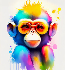 A close-up portrait of a fashionable-looking multicolored colorful fantasy cute stylish monkey wearing sunglasses. Generative AI illustration. Printable design for t-shirts, mugs, cases, etc