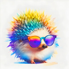 A close-up portrait of a fashionable-looking multicolored colorful fantasy cute stylish hedgehog wearing sunglasses. Generative AI illustration. Printable design for t-shirts, mugs, cases, etc.