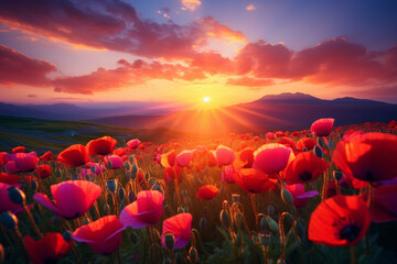 sunset over the field poppy flower
