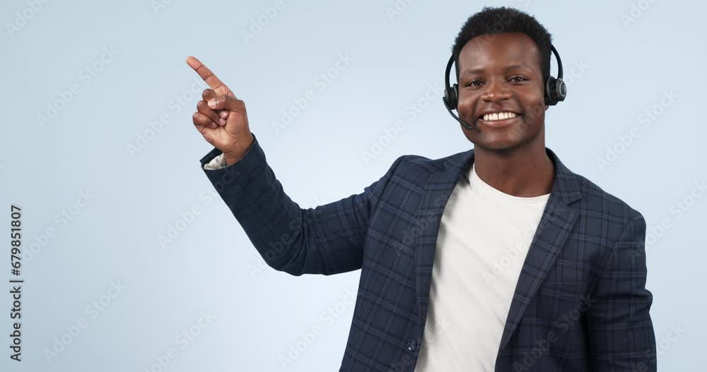 Poster happy black man, call center and pointing to list in customer service against a studio background. p