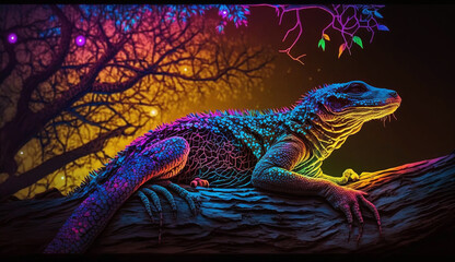 Obraz premium Neon light Monitor lizard animal tree AI Generated illustration