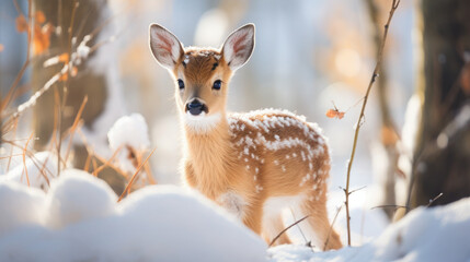 wild sika deer in the forest, trees, fawn, roe, antlers, winter, snow, new year, christmas, postcard, nature, cute, animal, eve, fairy tale