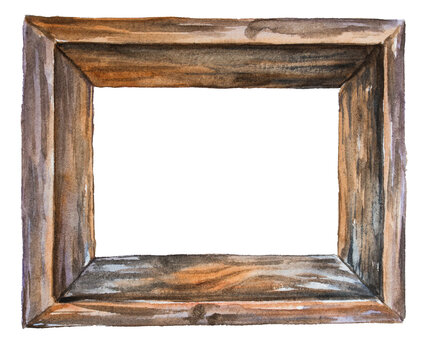 Wooden frame. Watercolor hand painted vintage frame illustration isolated on white. An old frame template.