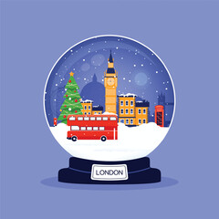 London winter globe. Snow globe with London city and landmarks. Flat design vector illustration.