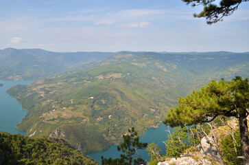 landscape with mountains, forest and a river in front. beautiful scenery