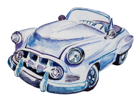 Retro  car design. Watercolor hand painted old automobile illustration. Vintage vehicle themed clipart.