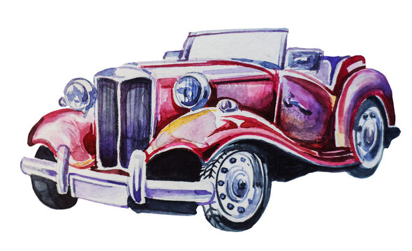 Retro  car design. Watercolor hand painted old automobile illustration. Vintage vehicle themed clipart.