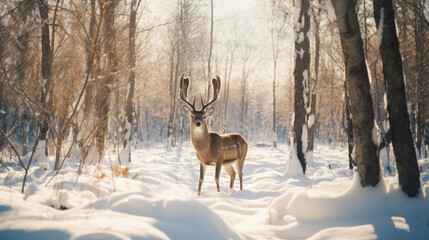 wild sika deer in the forest, trees, fawn, roe, antlers, winter, snow, new year, christmas, postcard, nature, cute, animal, eve, fairy tale