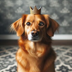 A majestic golden retriever dons a royal crown, exuding nobility and charm against a vintage backdrop