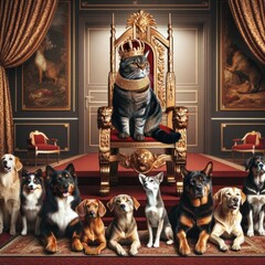A tabby cat sits imperiously on a golden throne amidst a court of attentive dogs in an opulent room - obrazy, fototapety, plakaty