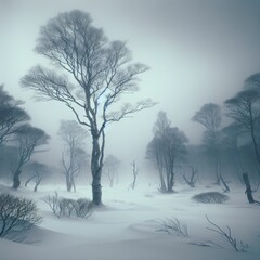 Soft light filters through a misty, snow-laden forest, delivering a mood of mystery and quietude