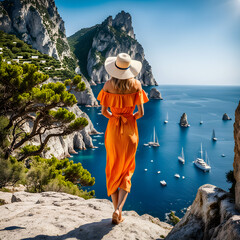 Holidays on Capri Island. Back view of beautiful elegant woman enjoying view of the Faraglioni stacks sea in Capri. Summer vacation in Italy. - obrazy, fototapety, plakaty