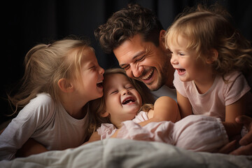 Happy father reading fairy tales to his daughters before bed, dad reading a book to his daughters, children's books, reading with family
