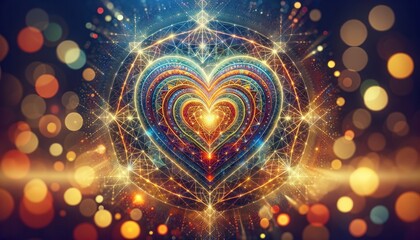 Digital illustration of a heart enveloped in cosmic light and fractals with a bokeh background