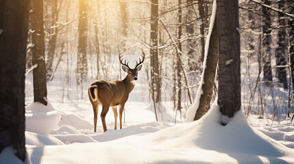 wild sika deer in the forest, trees, fawn, roe, antlers, winter, snow, new year, christmas, postcard, nature, cute, animal, eve, fairy tale