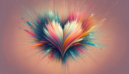 An abstract digital artwork showcasing a heart shape formed by swirling paint splashes - obrazy, fototapety, plakaty