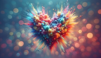 Artistic rendering of a vibrant exploding heart against a soft, bokeh-lighted background