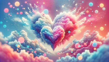 Soft, feathery heart shape formed by pastel-colored clouds in a dream-like digital artwork