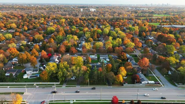 A drone is flying above a residential area in a Canadian community in Ontario.