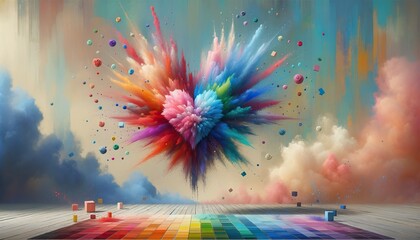 Artistic depiction of a colorful burst above a vibrant rainbow path leading to a hazy horizon