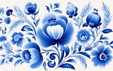 "Gzhel Porcelain Design with Blue Floral Motifs on White