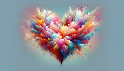 An abstract digital artwork of a colorful heart made of dynamic, paint-like splashes on a soft background - obrazy, fototapety, plakaty