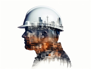 Double exposure with side profile of builder's head with helmet and city intermingled