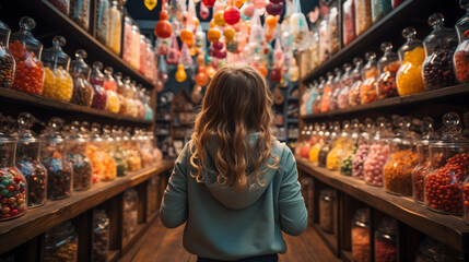 Fototapeta premium Small Child Walking Amidst a Bountiful Display of Glass Candy Jars at a Market Filled with Endless Varieties of Colorful Confections and an Abundant Selection of Sweet Treats. Generative AI.