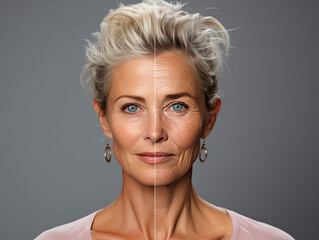 Front portrait of mature woman. Half of the face with well-kept and smooth skin and the other half with aged and withered skin - obrazy, fototapety, plakaty