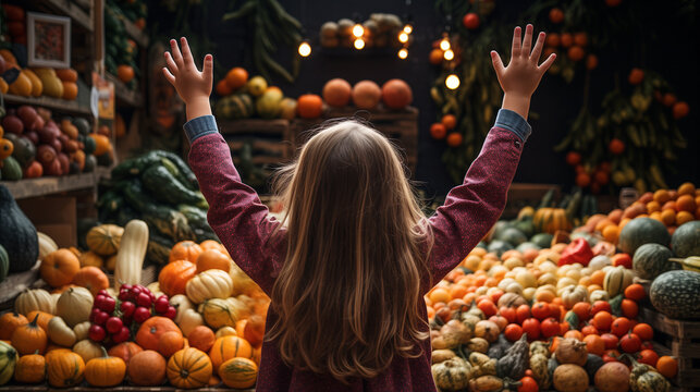 Back View of a Small Child Reaching Up Toward a Bountiful Display of Food Piled High at a Market with a Variety of Fresh Fruits and an Abundant Selection of Colorful Vegetables. Generative AI.