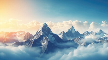 Panoramic view of the mountain range with peaks in the sunset light. Misty and cloudy. Illustration for cover, card, postcard, interior design, banner, poster, brochure or presentation.