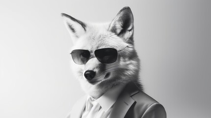 A fox wearing sunglasses. Close-up portrait of a fox. An anthopomorphic creature. A fictional character for advertising and marketing. Humorous character for graphic design.