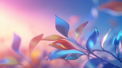 A branch with translucent glass or plastic leaves in blue-violet colors on a gradient background. Illustration for cover, card, postcard, interior design, banner, poster, brochure or presentation. - obrazy, fototapety, plakaty