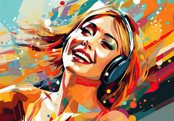 Portrait of a woman wearing headphones in watercolor style. The girl is listening to music and singing. The concept of expressing bright joyful emotions. Energy of youth and enjoyment of life.
