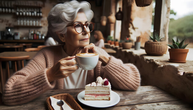 An Elderly Woman Drinking Coffee And Eating Cake At A Restaurant