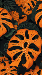 Monstera Leaf Seamless Pattern: Flat 2D Vector, Orange Hue
