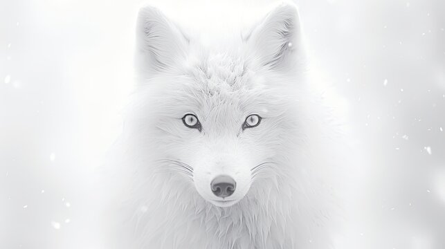 Close-up of fox face with white fluffy fur. Animal in habitat in monochrome style. Illustration for cover, card, interior design, brochure or presentation.