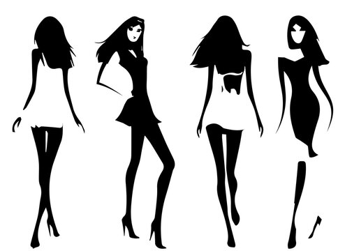 There are four slender female models on the catwalk. Front, side and back views. Stylization. Black silhouette on a white background