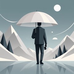 businessman with umbrella walking on the street. business and financial crisis concept. vector