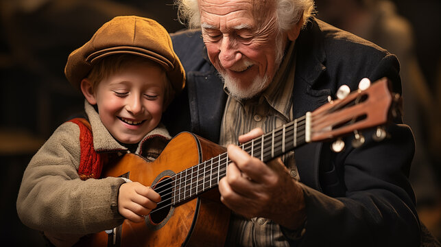 Senior Adult Man Teaching A Young Child To Play the Guitar. Generative AI.
