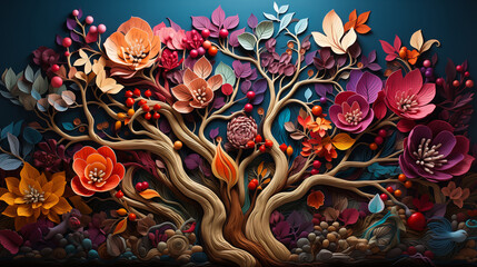 Vibrant Colorful Paper Sculpture of a Bountiful Flourishing Tree Representing Abundance In Life. Generative AI.