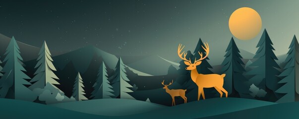 Perfect illustration of christmas greeting card with deer, in nature panorama banner. Generative Ai.