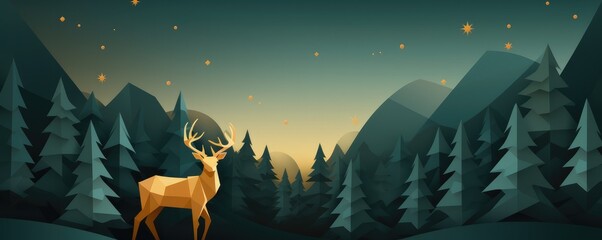 Perfect illustration of christmas greeting card with deer, in nature panorama banner. Generative Ai.