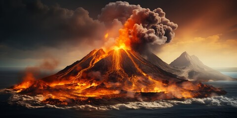 Majestic Eruption Of An Active Volcano At Sunset