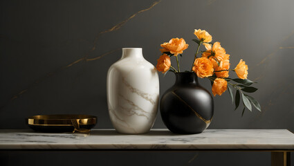 A sleek marble vase with brass accents on a minimalistic marble table against a matte black wall, exuding refined elegance and modern sophistication.
