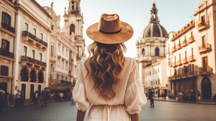 pretty woman tourist walking by old European city, person have summer vacation at Europe, female travel by streets of Italy or France - obrazy, fototapety, plakaty