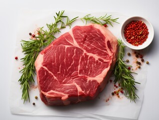 Fototapeta premium Raw Beef Steak With Herbs And Spices On White Background