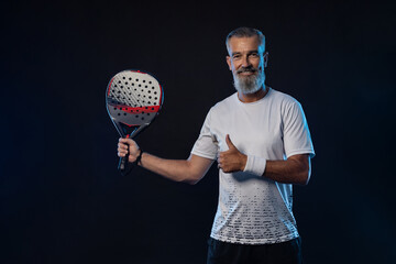 Padel tennis player in social media template. Man athlete with paddle tenis racket on blue...