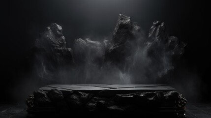 Podium black dark smoke background product platform abstract stage texture fog spotlight. Dark black floor podium dramatic empty night room table concrete wall scene place display studio smoky dust