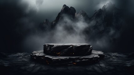Podium black dark smoke background product platform abstract stage texture fog spotlight. Dark black floor podium dramatic empty night room table concrete wall scene place display studio smoky dust